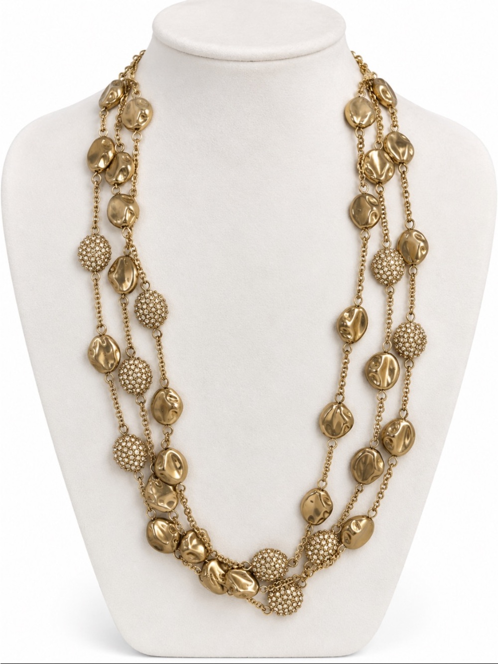 CHICO’S Gold-Tone Multi-Strand Hammered Bead & Crystal Statement Necklace